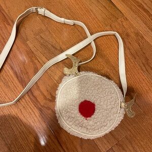 Mad Love Holiday Cream Sherpa Faux Fur Round Reindeer Rudolph Crossbody Purse